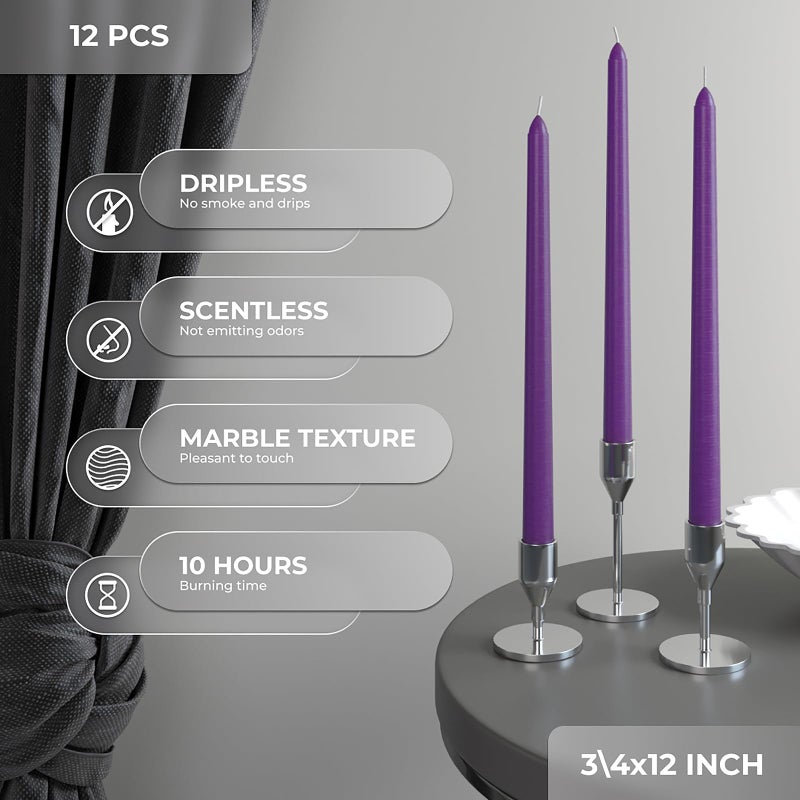 CANDWAX 12 inch Purple Taper Candles Set of 12 - Unscented Smokeless Dripless Tapered Candle Sticks - Taper Candlesticks for Special Occasions and Ordinary Dinners - Purple Tapered Candles - Image 3